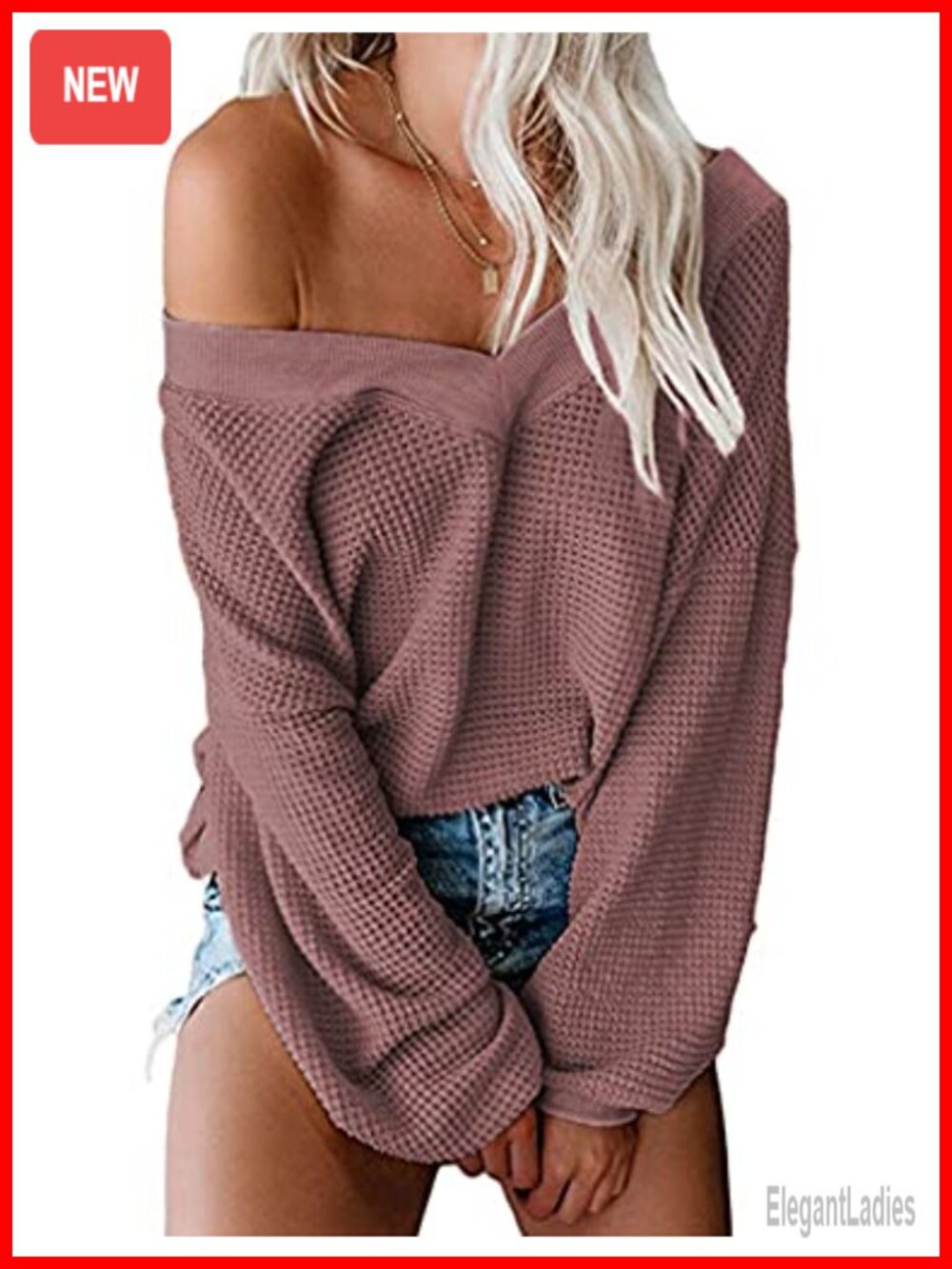 Waffle Knit Off Shoulder Pullover Sweater Long Sleeve V-Neck Loose Fit